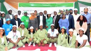 Representative of the Deputy Governor of Operations, Central Bank of Nigeria(CBN), Dr Adetona Adedeji (M); Deputy Director, Information Technology Development, Ademola Adedoyin (5th R); Acting Director, Corporate Communication, Hakama Ali (5th L); and others during a nationwide sensitisation campaign on safeguarding the Naira organised by CBN at the International Trade Fair in Abuja on Wednesday (24/9/25).0273/ WED/SEP/24/2025/Deborah Bada/NAN