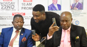 Pic.12. From left: Spokesman, Economic Financial Crimes Commission, Dele Oyewale; Chief Executive Officer, We love Nigeria Unity and Peace Initiative, Anaba Anthony and the<br />Provost, Nigerian Police Public Relations School, Dr Emmanuel Ojukwu, during the inauguration of nationwide sensitization campaign against internet fraud and cybercrime targeting young adult, teenagers and secondary school students organised by We Love Nigeria Unity and Peace Initiative in collaboration with the National Orientation Agency and the FCT Secondary Education Board in Abuja on Monday (22/9/25).<br />
0236/ MON/SEP/22/9/2025/Deborah Bada/NAN