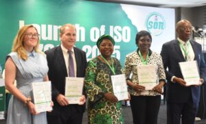 From left: Justice and Home Affairs, British High Commission Abuja, Sorrel Evans; Lead Programme Manager, David Adamson; representative of the Director-General, Standard Organisation of Nigeria (SON), Mrs Talatuk Ethan; representative of the Minister of Industry Trade and Investment, Mrs Agu Jachinma; and the Chairman, SON NTC Governance of Organisation, Prof.  Osercheimen Osunbor, during the launch of ISO 37003:2025 Fraud Control Management System organised by SON in collaboration with the British Standard Institution in Abuja on Tuesday (30/9/25).