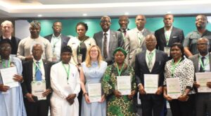 Representative of the Minister of Industry Trade and Investment, Mrs Agu Jachinma (2nd R); representative of the Director-General, Standard Organisation of Nigeria (SON), Mrs Talatuk Ethan (4th R); Chairman, SON NTC Governance of Organisation, Prof.  Osercheimen Osunbor (3rd R); Justice and Home Affairs, British High Commission Abuja, Sorrel Evans(4th L); and others during the launch of ISO 37003:2025 Fraud Control Management System organised by SON in collaboration with the British Standard Institution in Abuja on Tuesday (30/9/25).