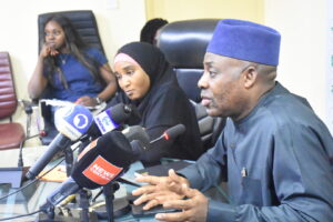 Minister of Education,  Dr Tunji Alausa (R), with Minister of State for Education, Prof. Suwaiba Ahmad, during a news conference on the progress of ongoing negotiations between the Federal Government and the Academic Staff Union of Universities (ASUU ) in Abuja on Wednesday (8/10/25).WED/OCT/8/2025/Deborah Bada/NAN 