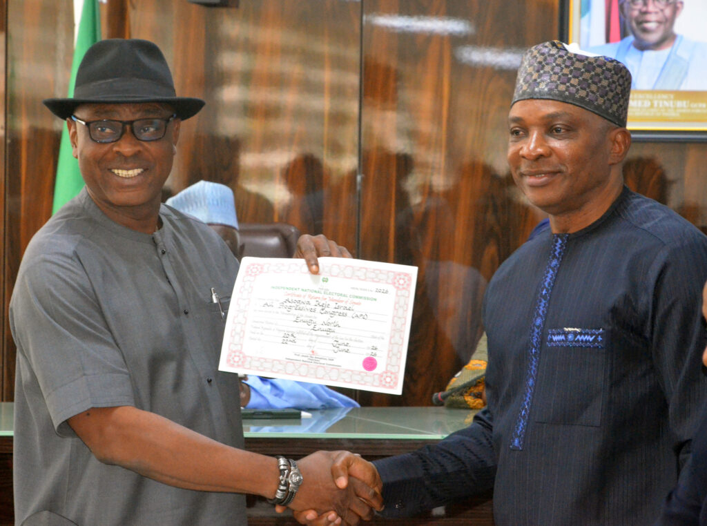 INEC present certificate of return to Sen. Asogwa in Abuja