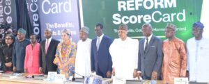 Minister of Finance and Coordinating Minister of the Economy, Mr Taiwo Oyedele (5th R); Minister of Information and National Orientation, Alhaji Mohammed Idris (4th R); Minister of Budget and Economic Planning, Sen. Abubakar Bagudu (M); Minister of State for Budget and Economic Planning, Dr Doris Uzoka-Anite (5th L); Executive Chairman, Nigeria Revenue Service (NRS), Dr Zacch Adedeji (4th L); and others during a news conference on Nigerian's reform scorecard the benefits, costs and harms prevented organised by the Federal Ministry of Finance in Abuja on Wednesday (19/8/26).