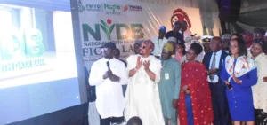 From left: Minister of Youth Development, Comrade Ayodele Olawande; Managing Director, POGMA Nigeria Limited, Otunba Oluyinka Akerele; representative of the Permanent Secretary, Federal Ministry of Youth Development (FMYD), Mr Olanipekun Adebayo;Director of Press and Public Relations, FMYD, Mrs Omolara Esan and others during the official launch of National Youth Data Bank (NYDB), organised by FMYD in Abuja on Tuesday (29/9/26).